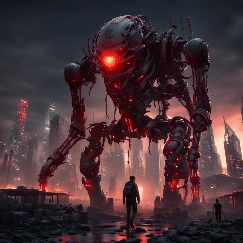 Colossal Evil Exoskeleton Roaming Dystopian City