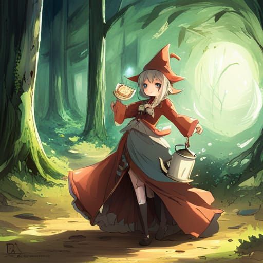 Tea Witch Walks with Kettle in Anime Style