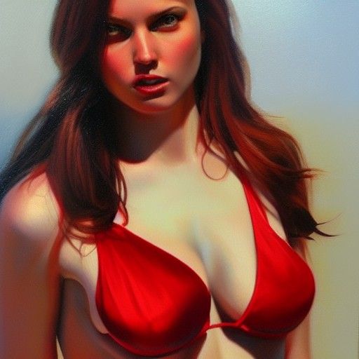 Hyperrealistic Woman in Red Lingerie as Oil Painting