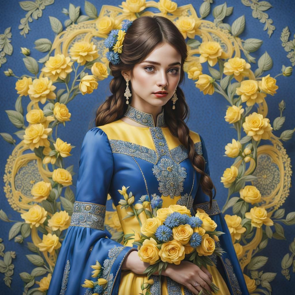 Girl in Blue and Yellow Dress with Flowers