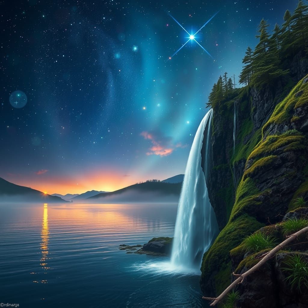Ethereal Waterfall Under a Starry Night Sky
