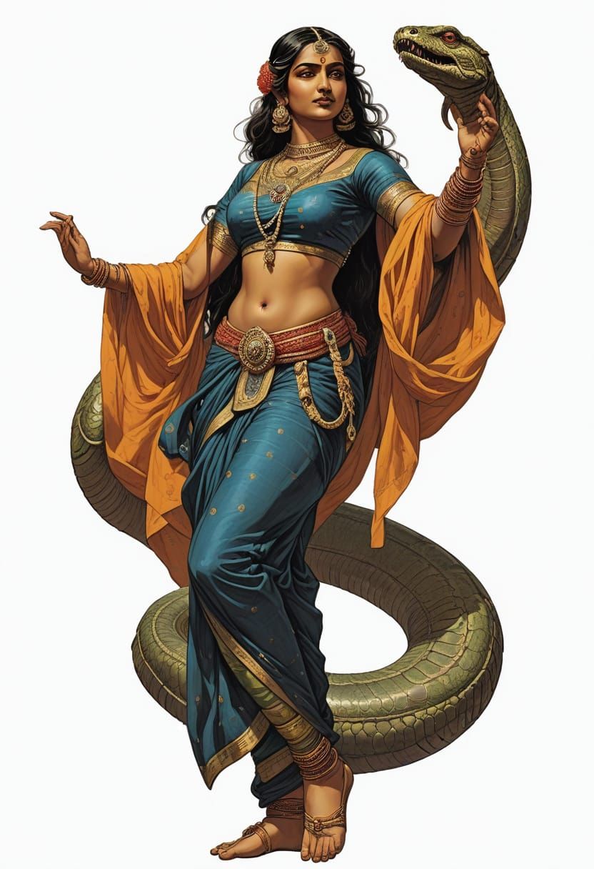 Ethereal Hindu Dancer Enchants with Serpent in Mysterious 18...