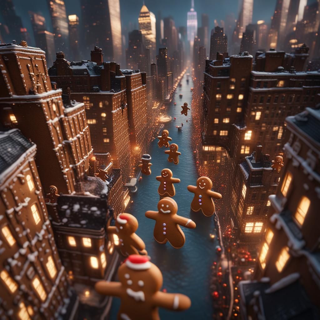 Gingerbread Men Fly Over New York: Fantasy Concept Art