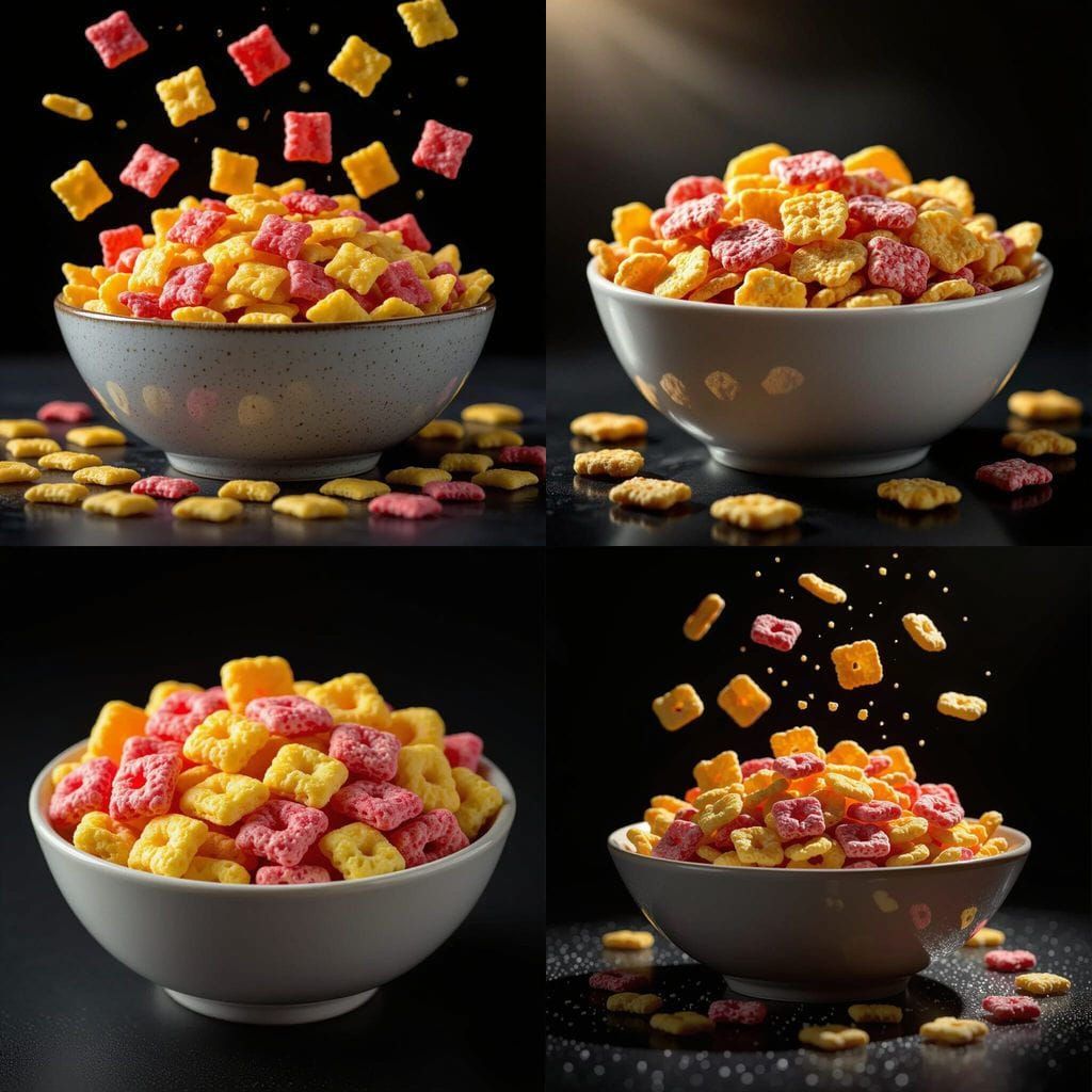 Colorful Frosted Corn Flakes in Dark Bowl