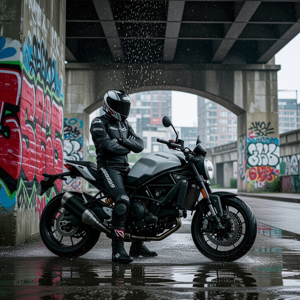 Motorcyclist Sheltering Under Graffiti Bridge