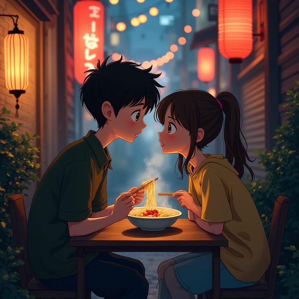 Cozy Tokyo Ramen Scene with Boy and Girl, Miyazaki Inspired
