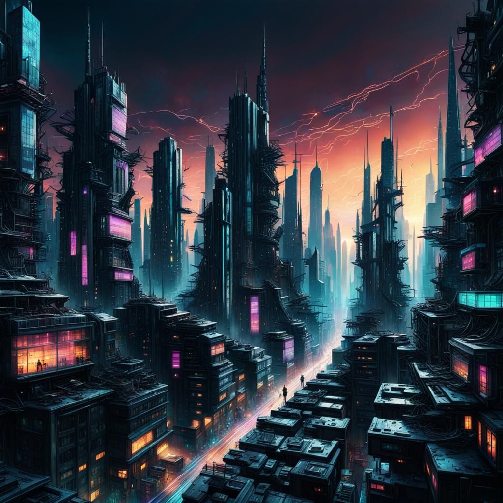 Futuristic Dystopian City: Synchronized Chaos in Deep Color