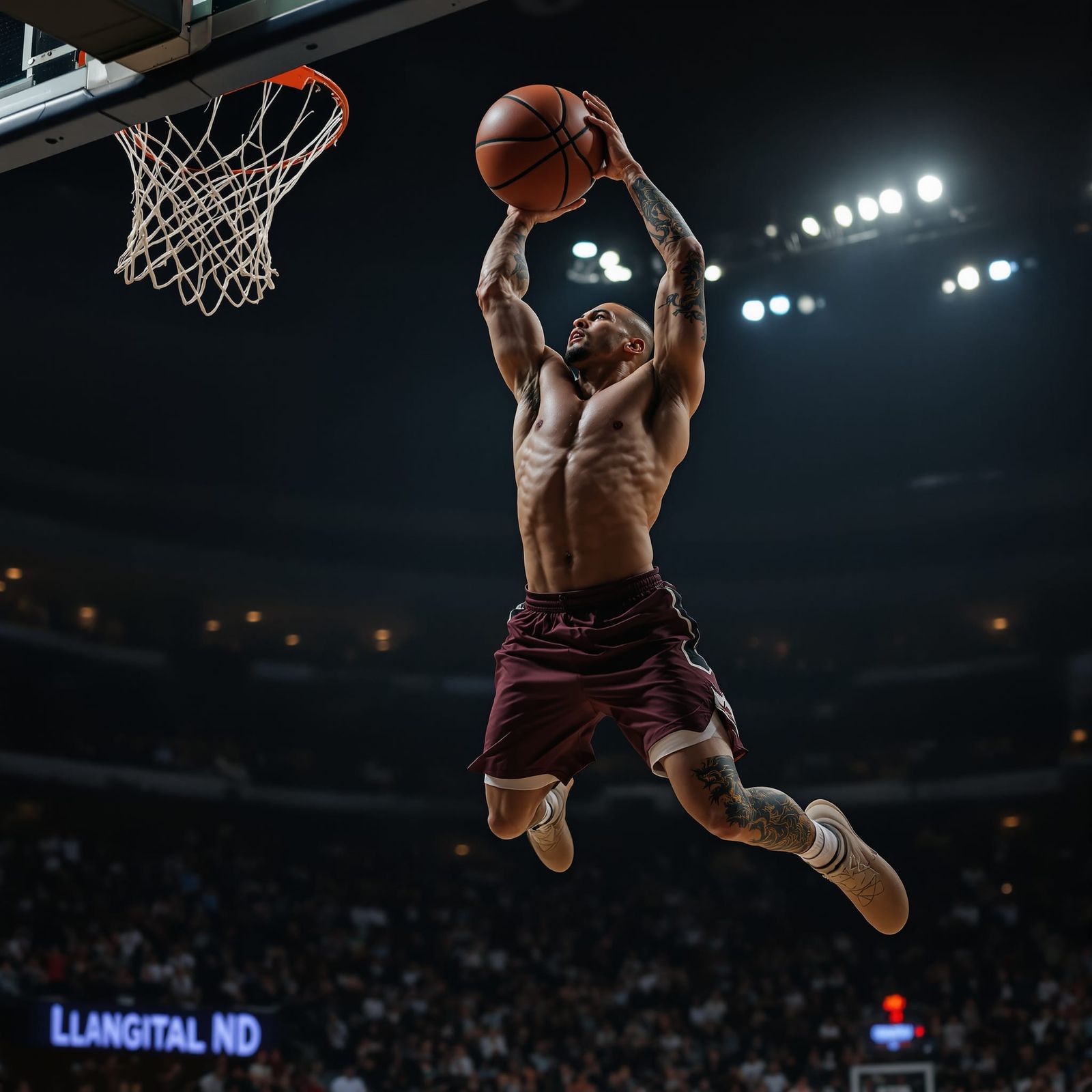 Athlete Mid-Air Dunk in Hyperrealistic Stadium