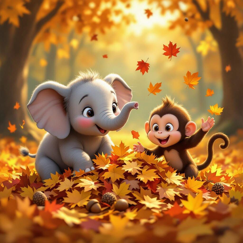 Baby Elephant and Monkey Play in Autumn Leaves CGI