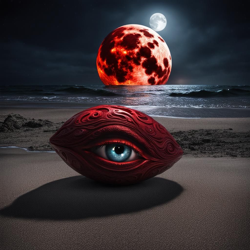 Flaming Red Eye on Moonlit Beach