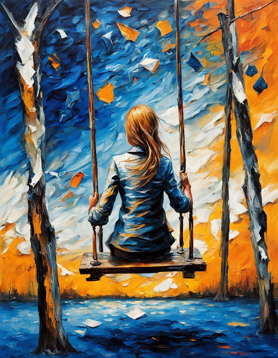 Abstract Impasto Painting of Girl on Swing