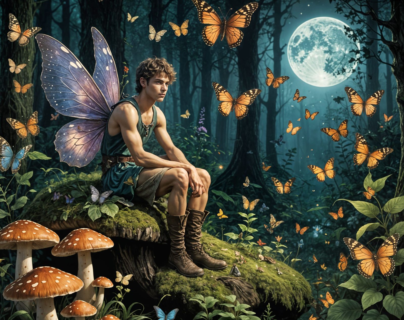 Fairy on Mushroom in Moonlit Forest