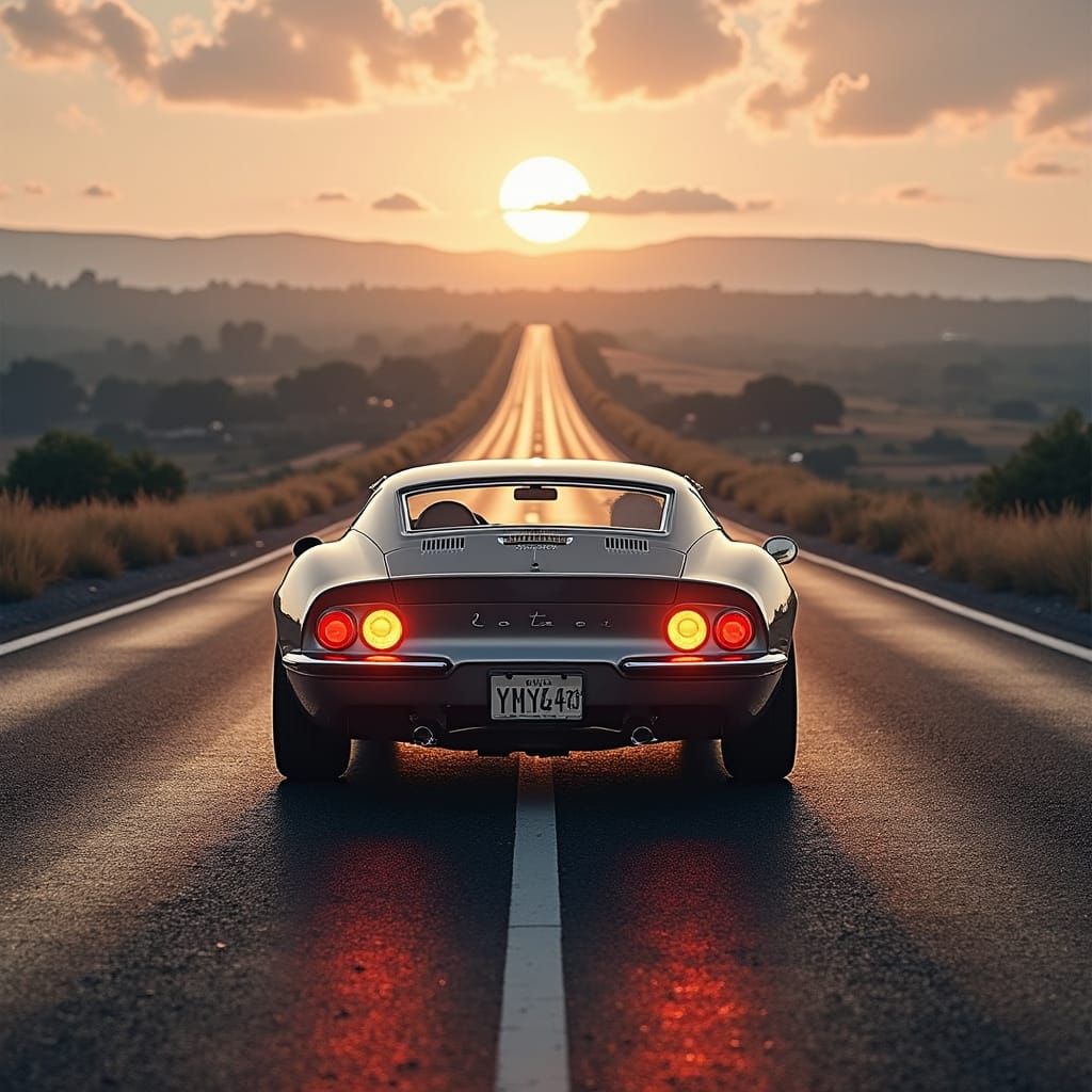 Sports Car at Sunrise in Digital Art Style