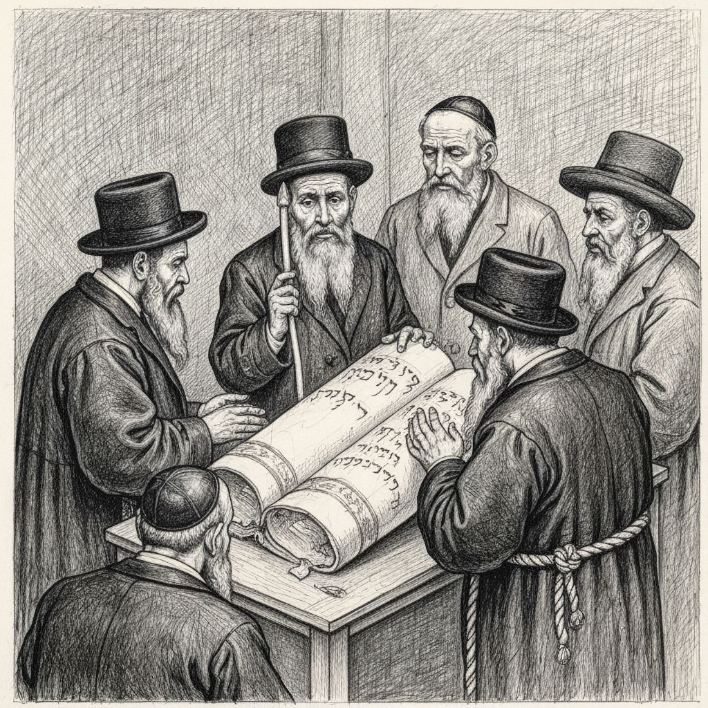 Orthodox Jewish Men Gathered Around Torah in Pencil Drawing