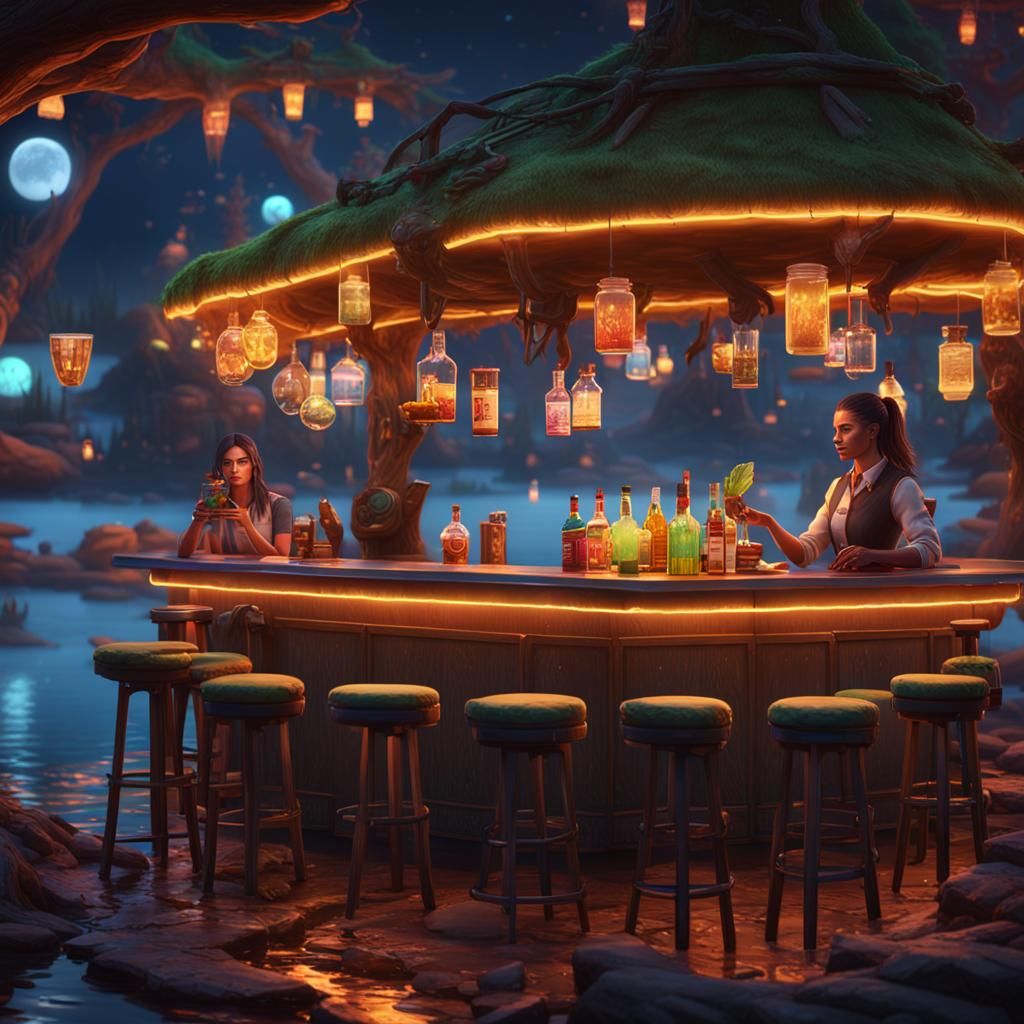Neon Bar Scene with Animals in Fantasy Forest