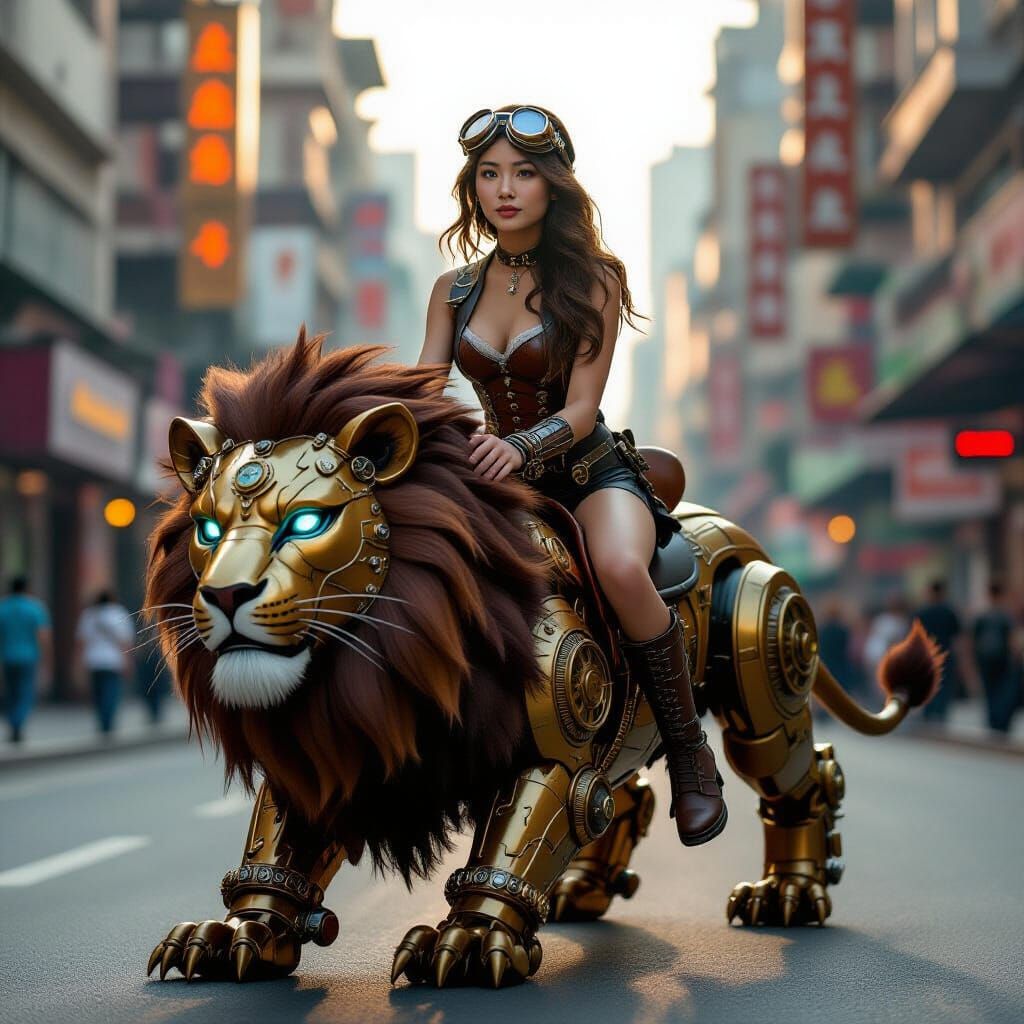 Steampunk Girl Rides Cybernetic Lion in Golden City