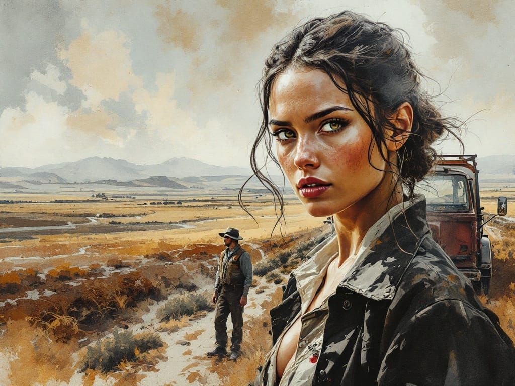 Vibrant Watercolor Landscape with Determined Woman