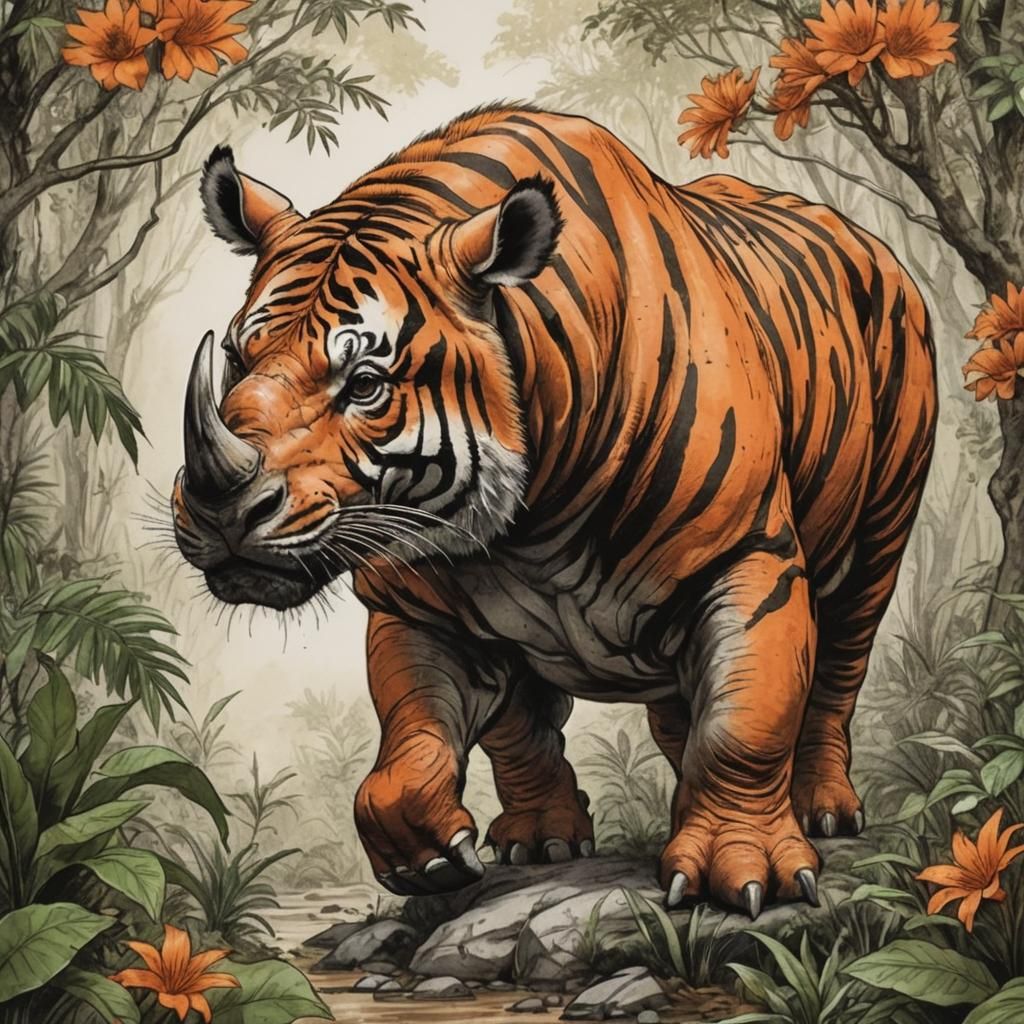 Tiger-Rhino Hybrid Creature in Jungle Drawing