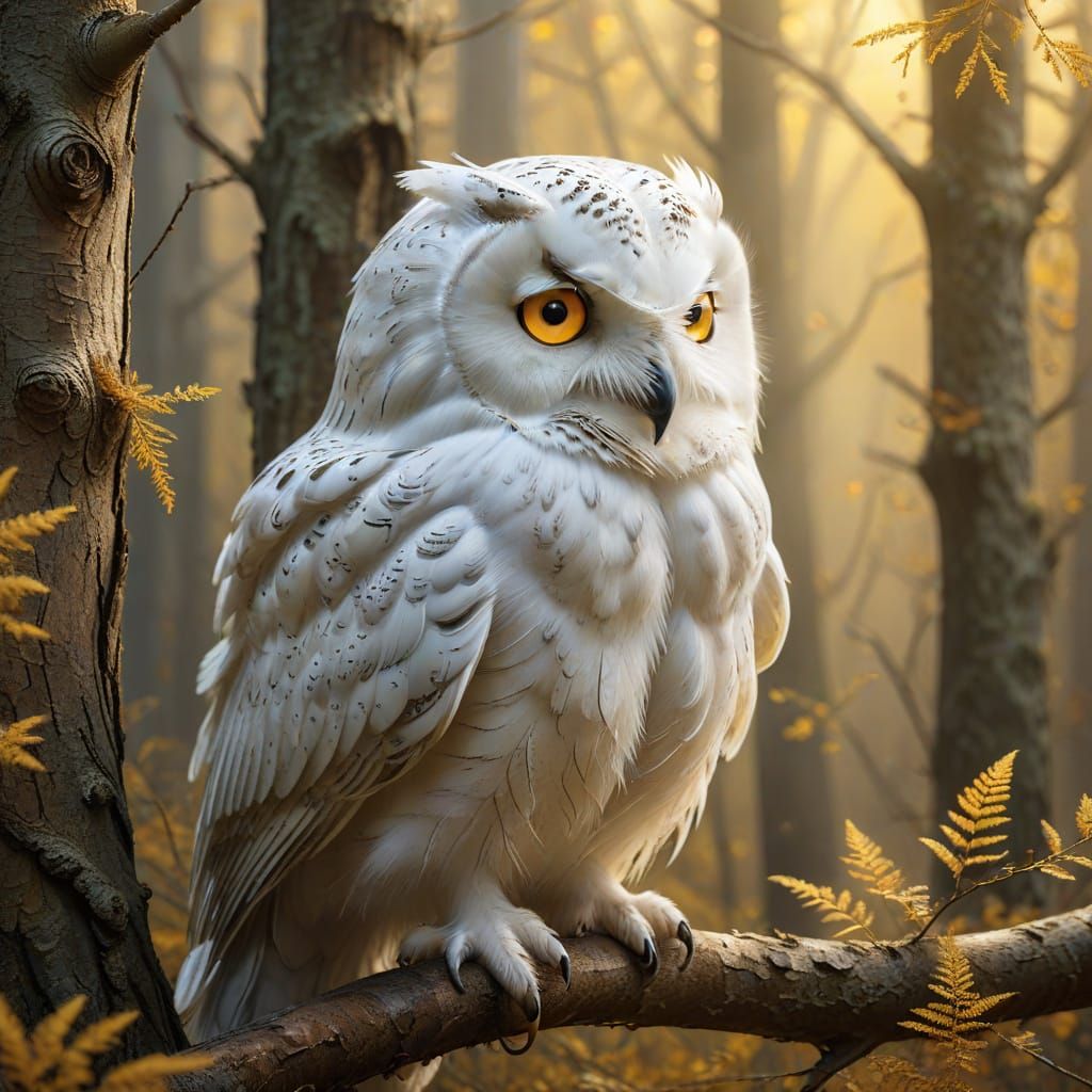 White Owl Perched in Misty Whispering Woods