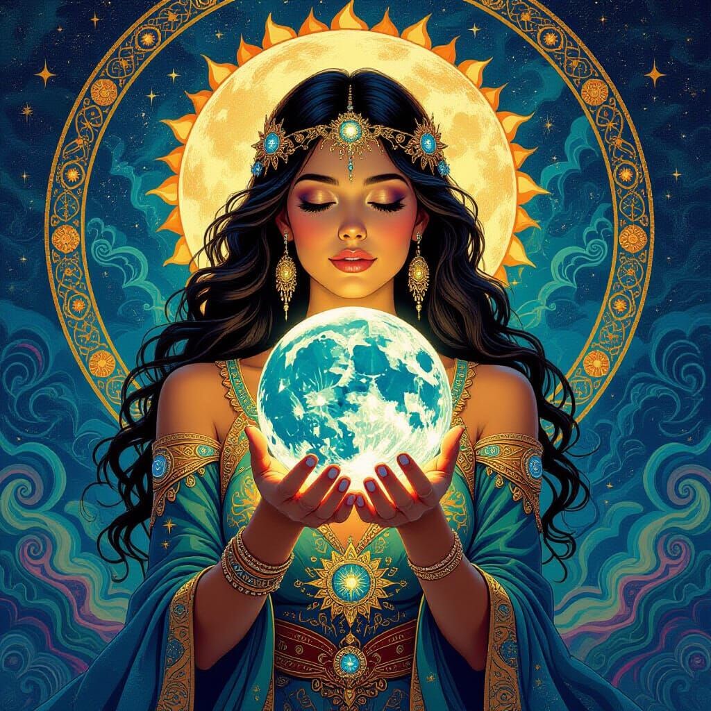 Psychedelic Goddess with Sun and Moon, Visionary Art