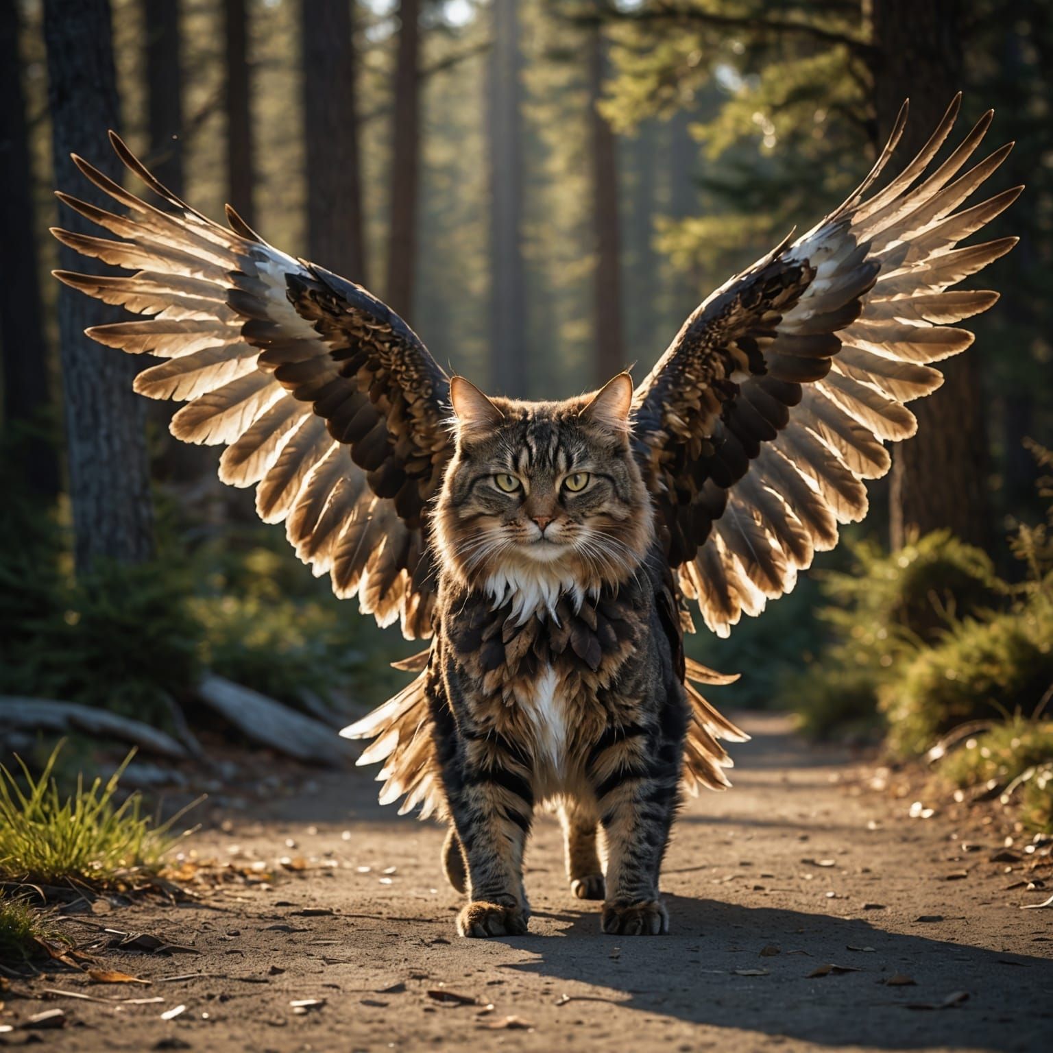 Winged Cat Patrolling Territory: Fur and Feather Detail