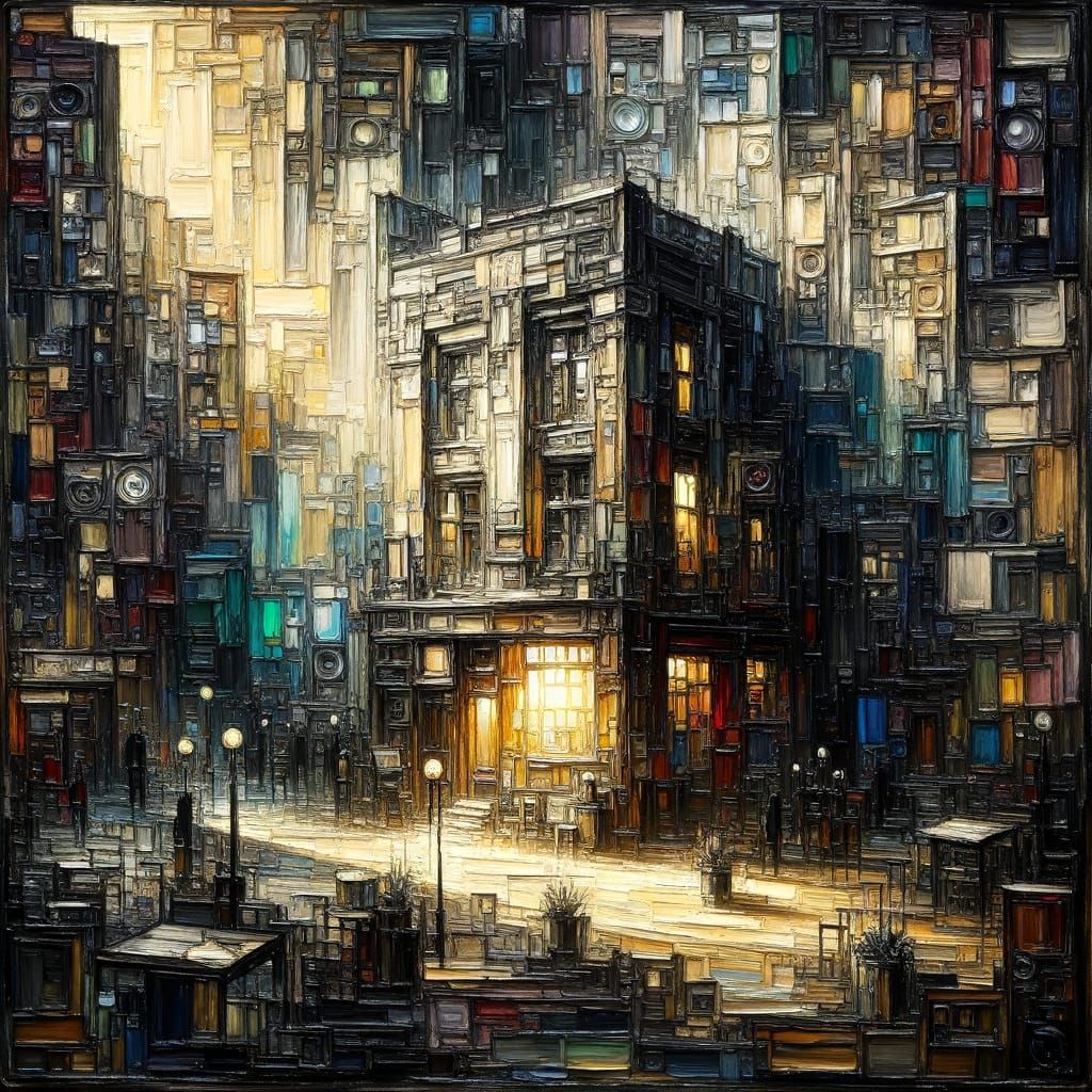 Enlightened Black Wall in Urban Setting, Encaustic Impasto S...