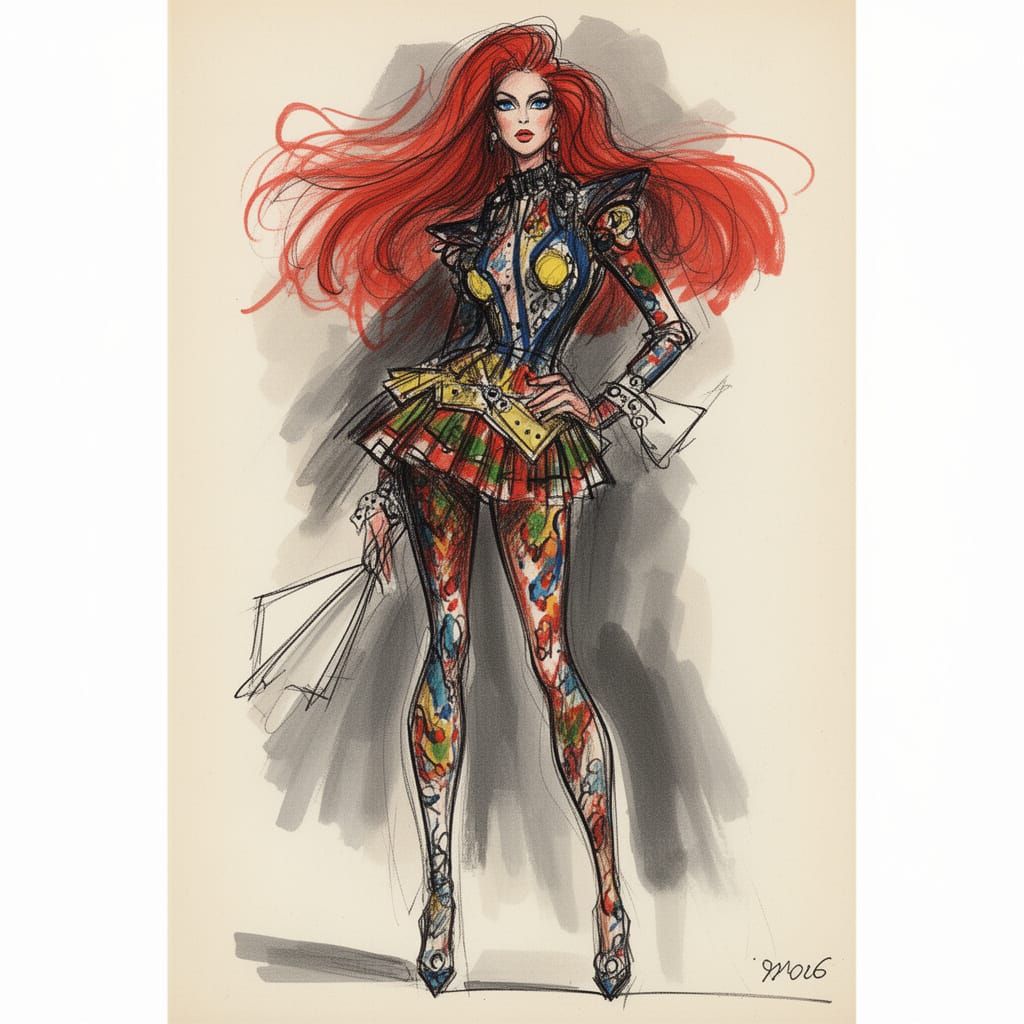 Glamorous High Fashion Sketch of a Red-Haired Woman