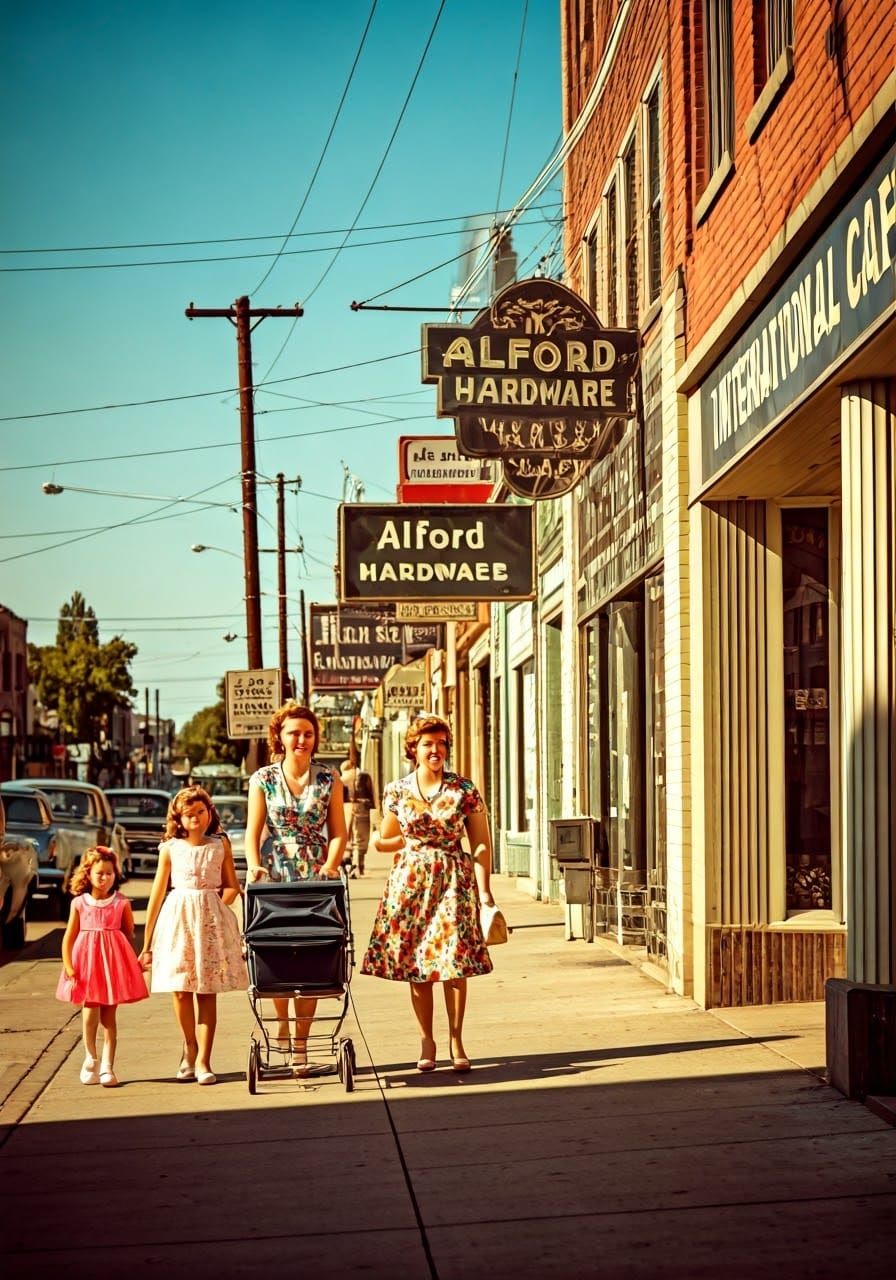 Mid-Century Street Scene in Warm Golden Light