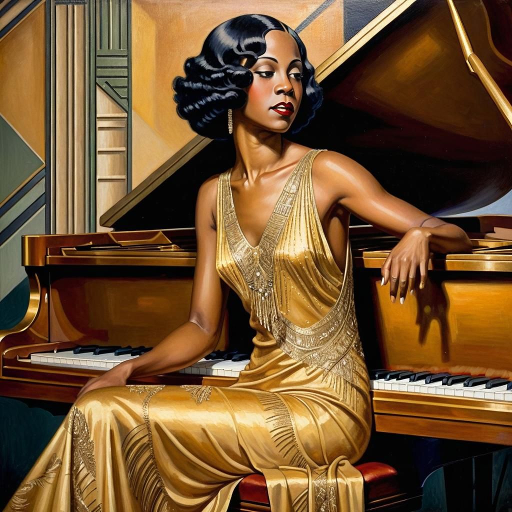 Art Deco Woman Plays Piano in Golden Gown
