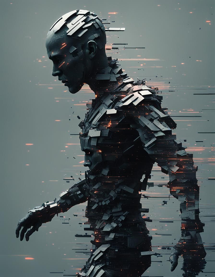 Apocalyptic Glitch Art of a Cybernetic Humanoid
