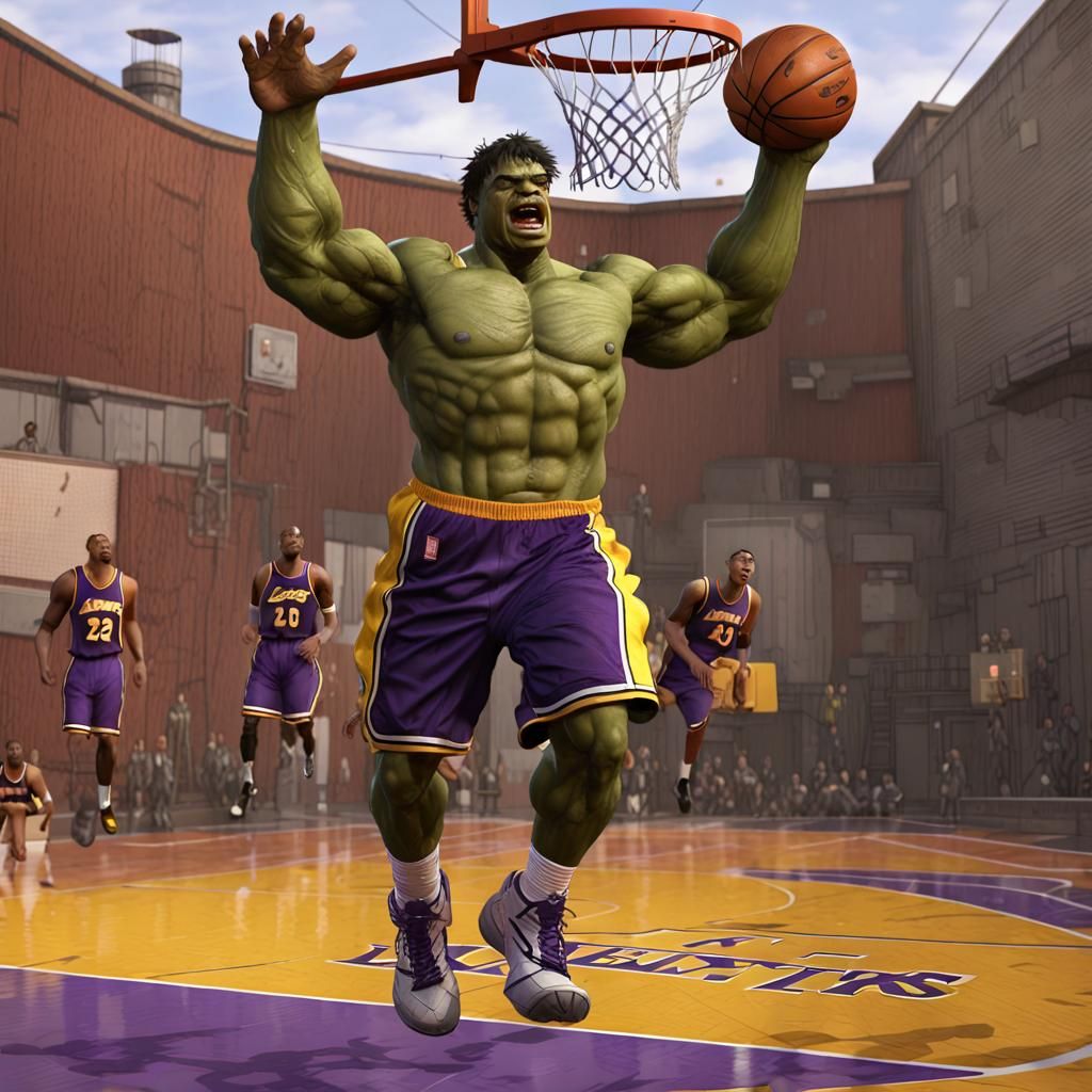 Hulk Dunks in Lakers Uniform: Realistic Digital Art