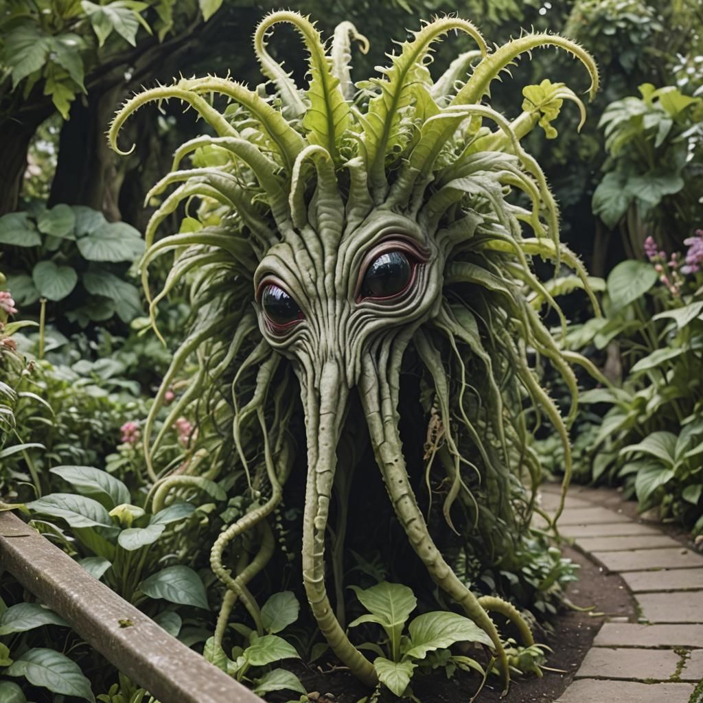 Alien Triffid Peeking Over Garden Path