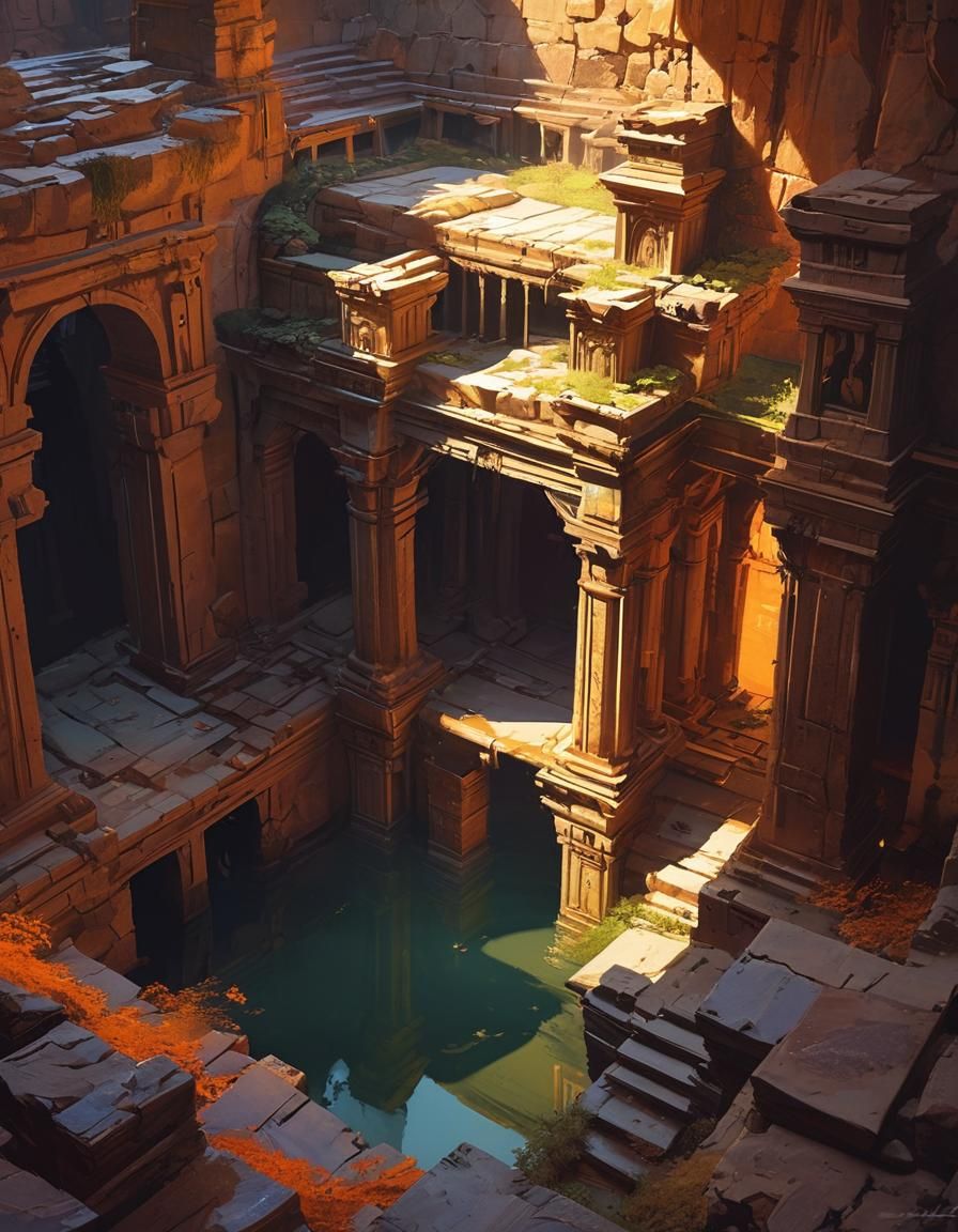 Ancient Sacrificial Chamber in Neon-Noir Style