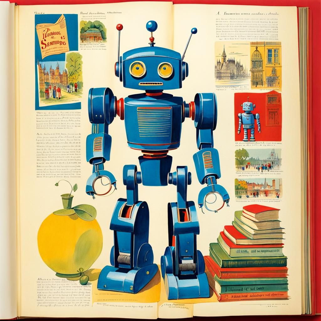 A humanoid robot in children's book illustration (inspired by drawings of Jean-Jacques Sempé).