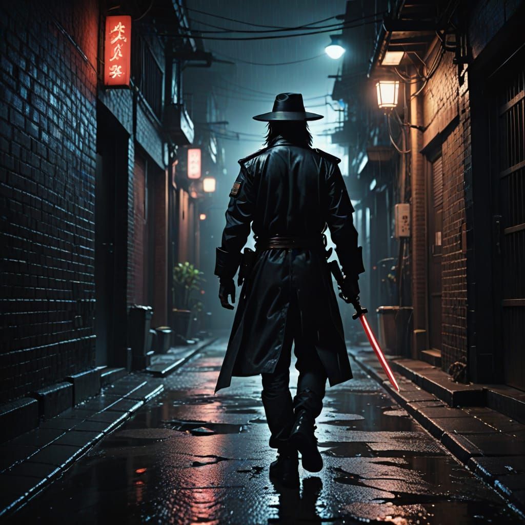 Gritty Samurai Cop in a Rain-Soaked Alleyway
