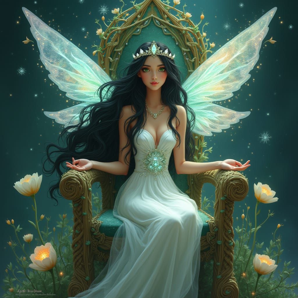 Ethereal Fairy Queen Sits upon Throne of Woven Vines and Glo...