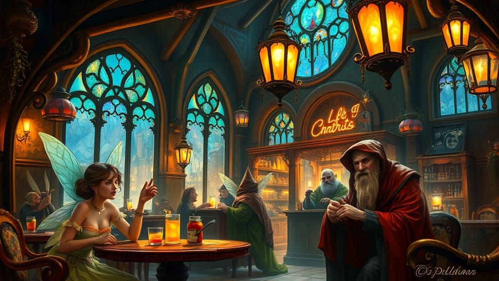 Fantasy Cafe in Frazetta Style with Magical Patrons
