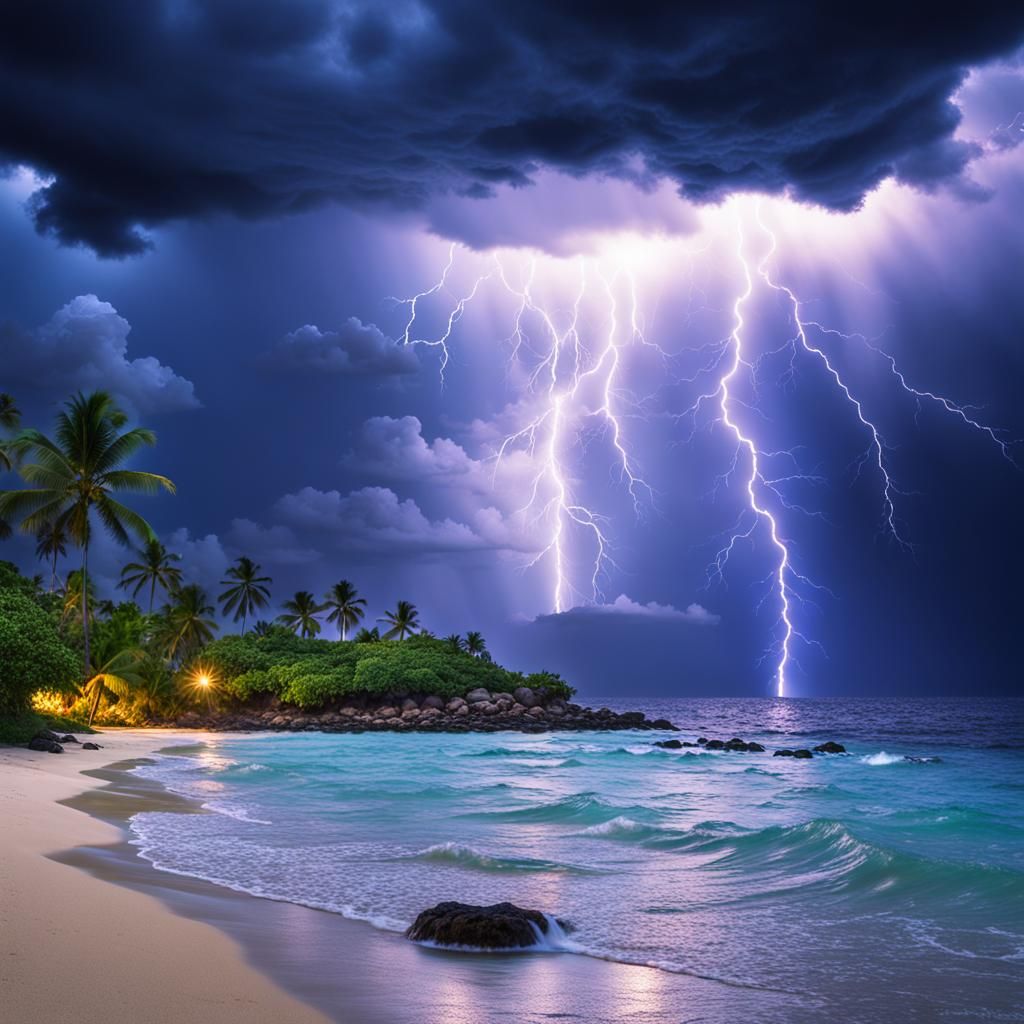 Stormy Lightning Over Tranquil Tropical Island in HDR