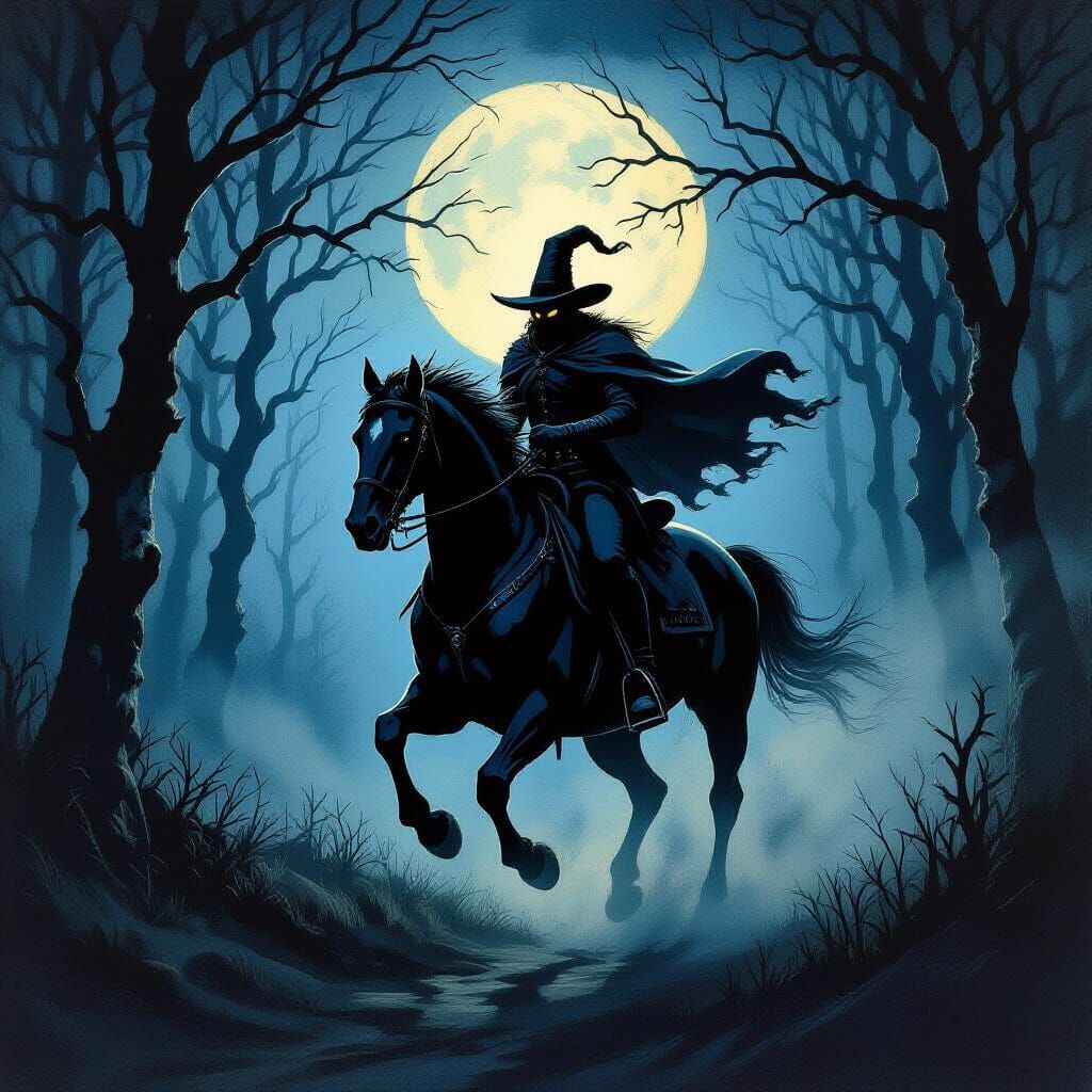 Headless Horseman Gallops Through Misty Forest