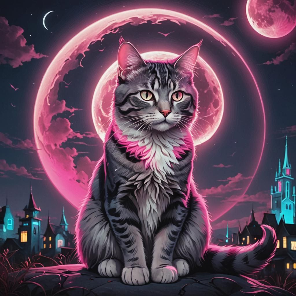 Neon Tabby Cat in Halloween Town, Synthwave Style