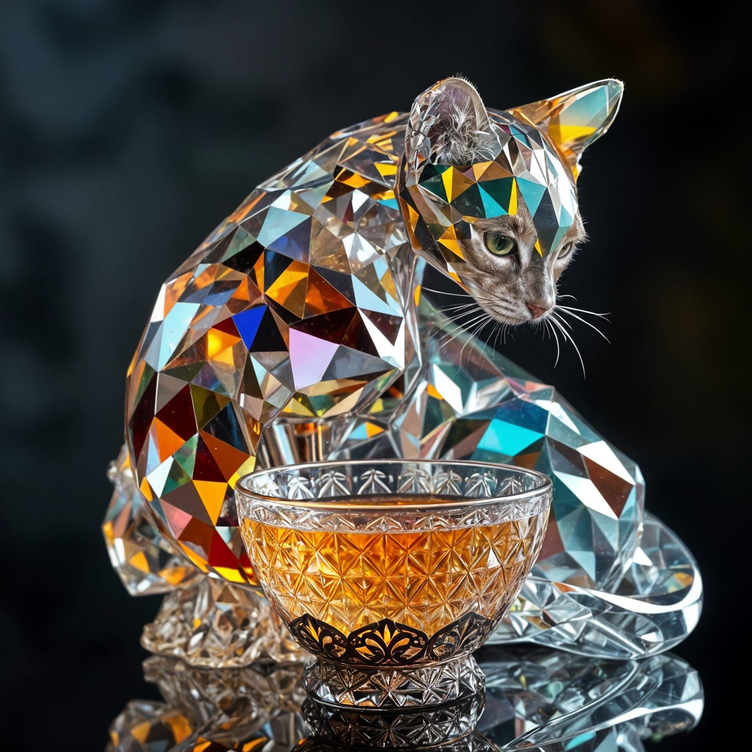 Crystal Cat Sipping Champagne in Elegance