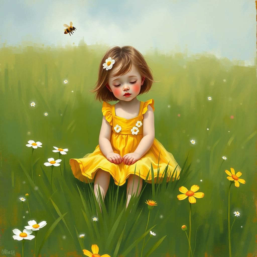 Girl in Meadow: Impressionistic Style