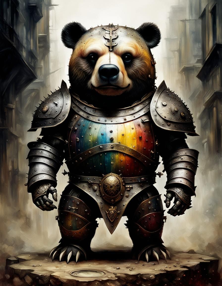 Robotic Bear Knight in Volcanic Landscape