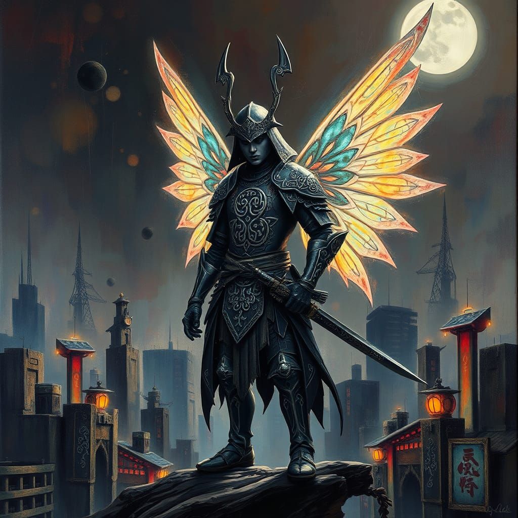 Fairy Elf Samurai in Dystopian City as Impasto Painting
