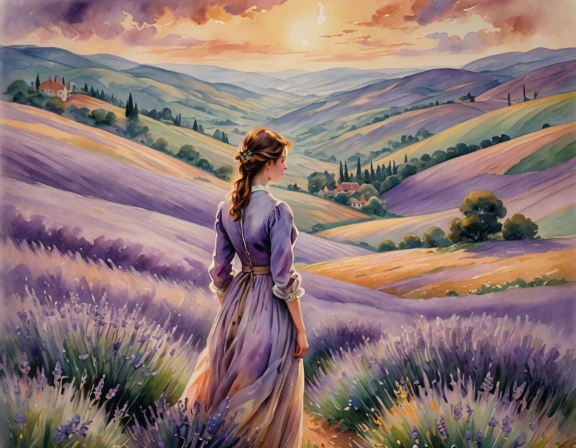 Dreamlike Woman in Surreal Watercolor Landscape