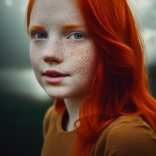 Portrait of a beautiful ginger girl with freckles