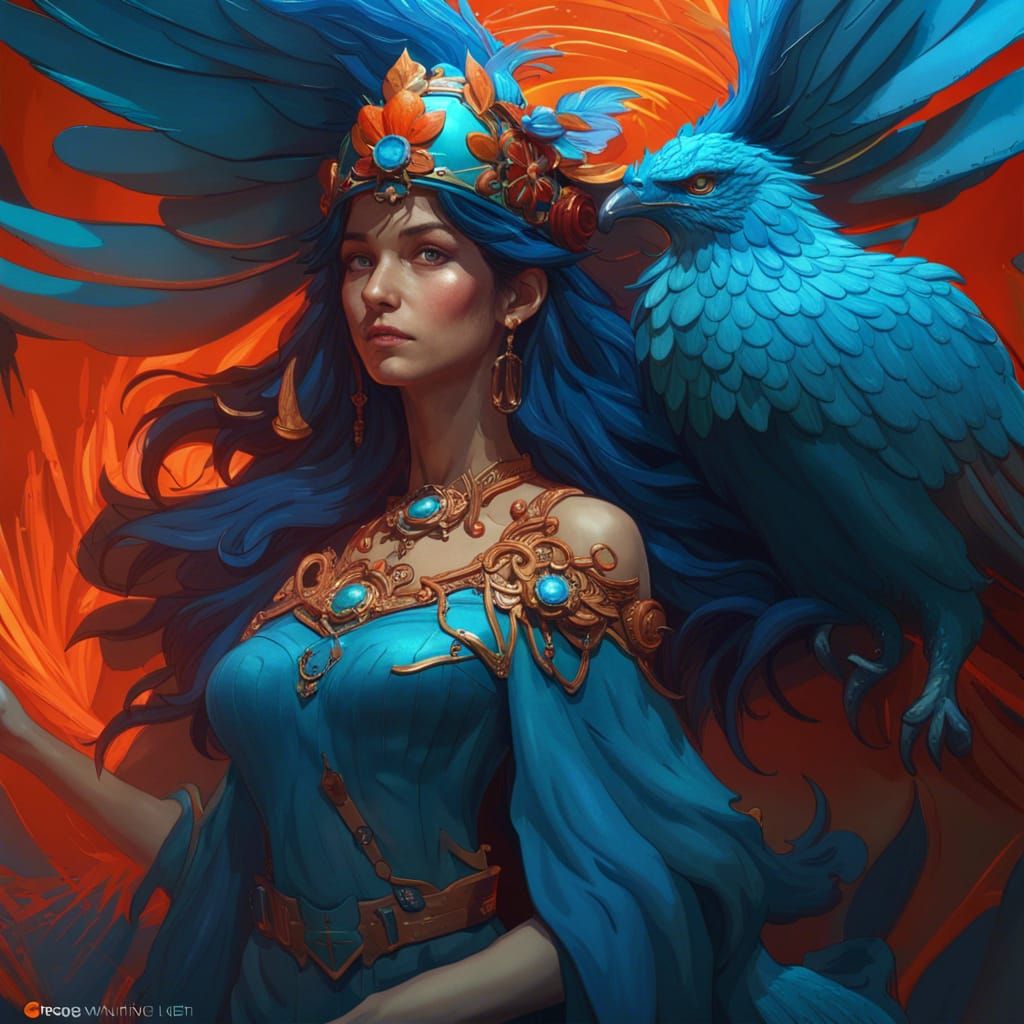 Blue Phoenix with Red Hat Concept Art