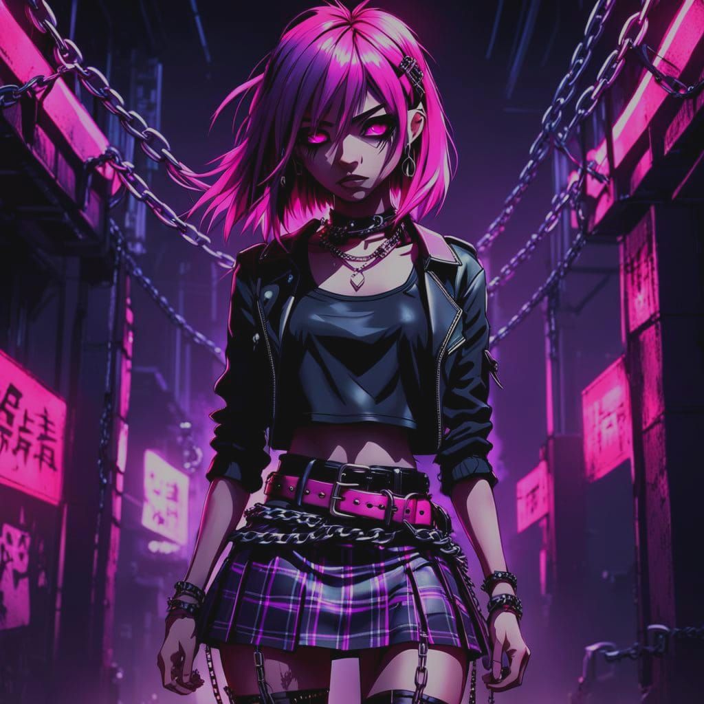 Edgy Emo Girl in Black and Pink Anime Art