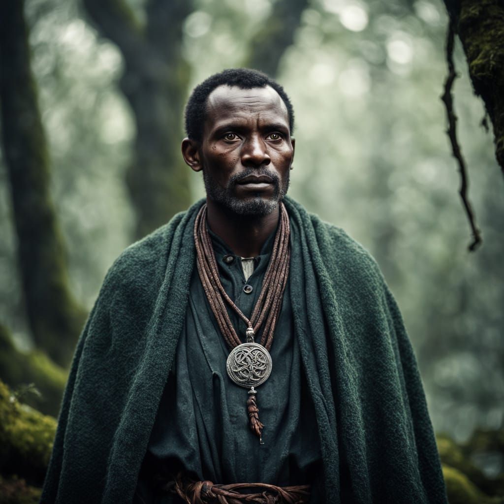 Celtic Warrior in Misty Forest Landscape