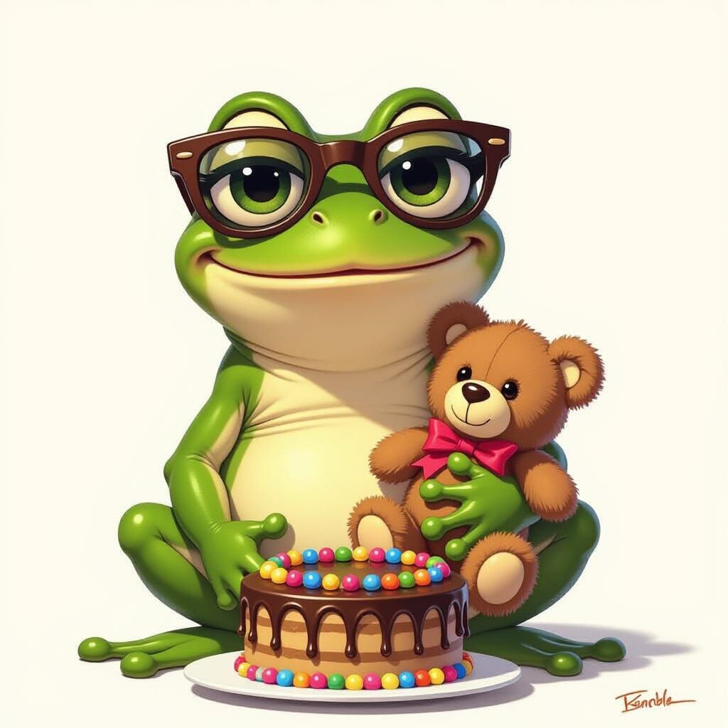 Frog and Teddy Bear Celebrate with Cake in Cartoon Style